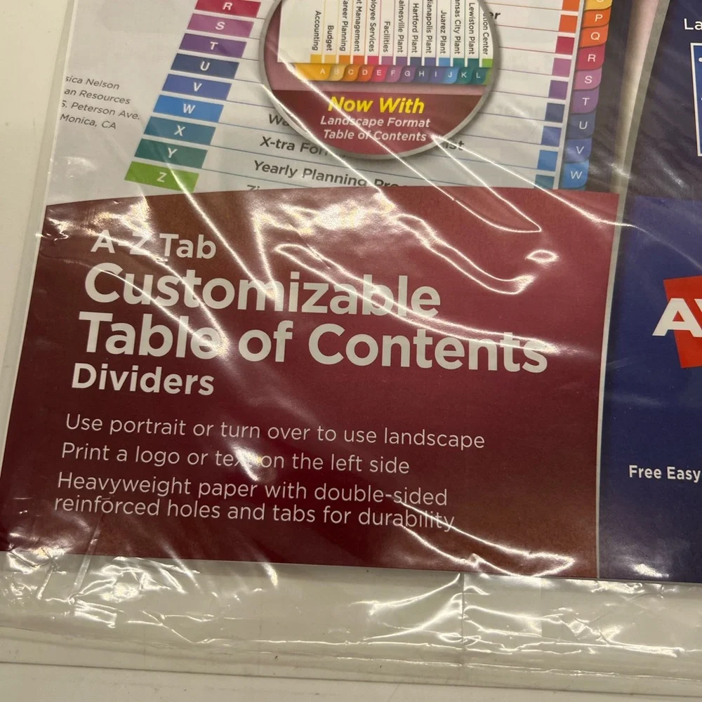 NWT Avery A-Z Customizable Table of Contents Dividers 8 1/2 x 11”